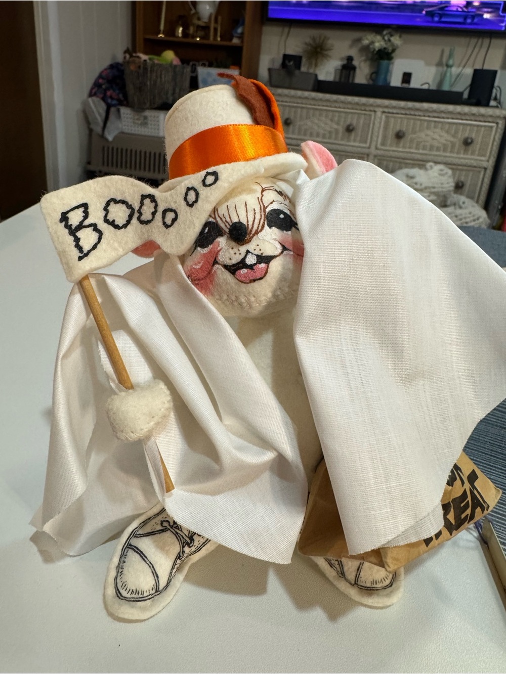 AnnaLee  VintageWhite Ghost mouse Figurine with Orange Hat Band